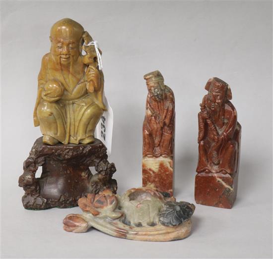 Four Chinese soapstone carvings, H 15cm (largest)